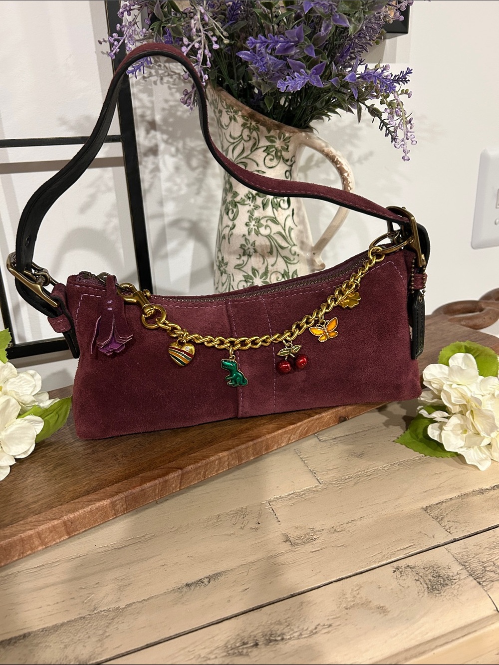 Coach Burgundy Suede Shoulder Bag with Gold Charm Chain